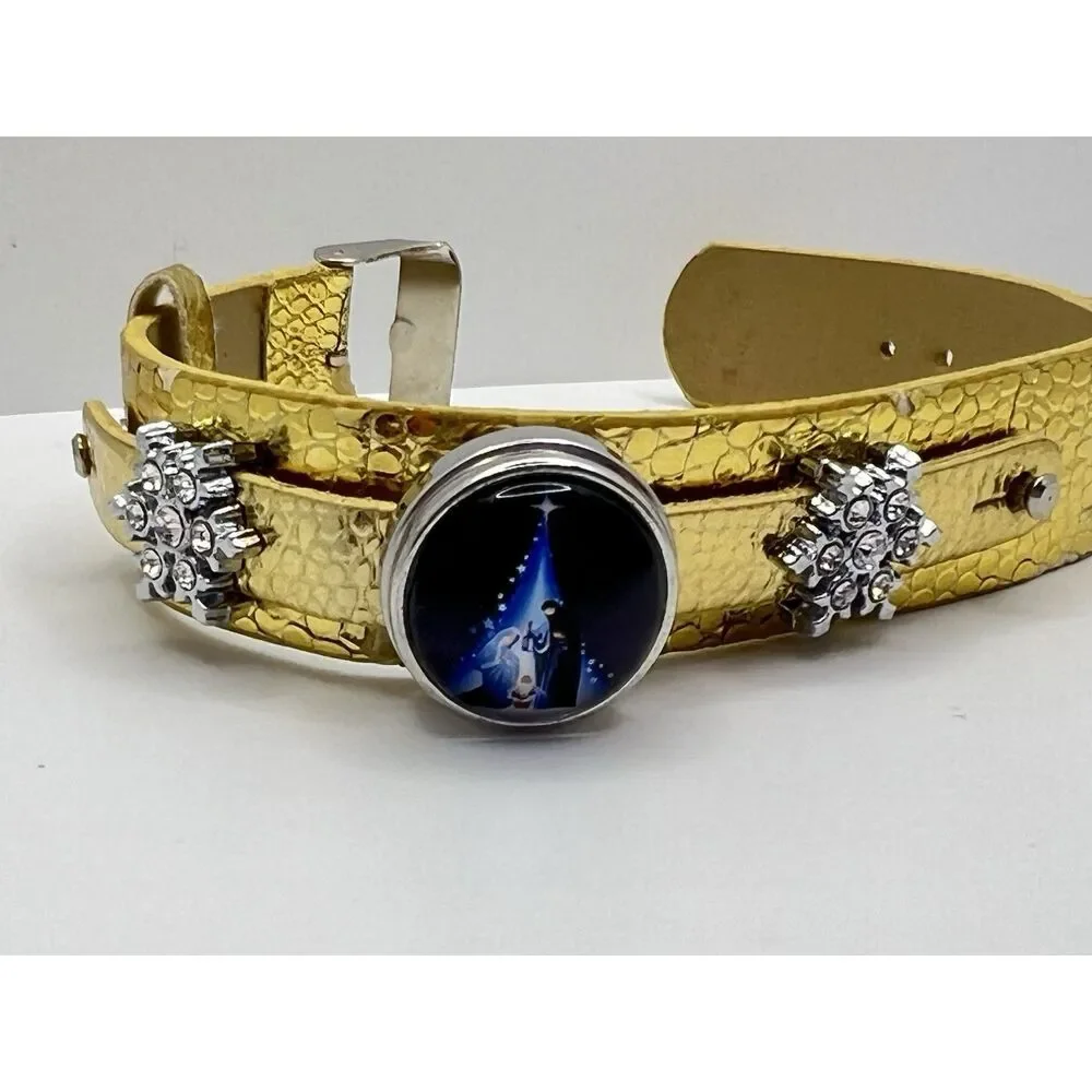 Faux Leather Charm Bracelet - Golden W/ 4 Snap & 2 Slide Snow Charm Christmas
